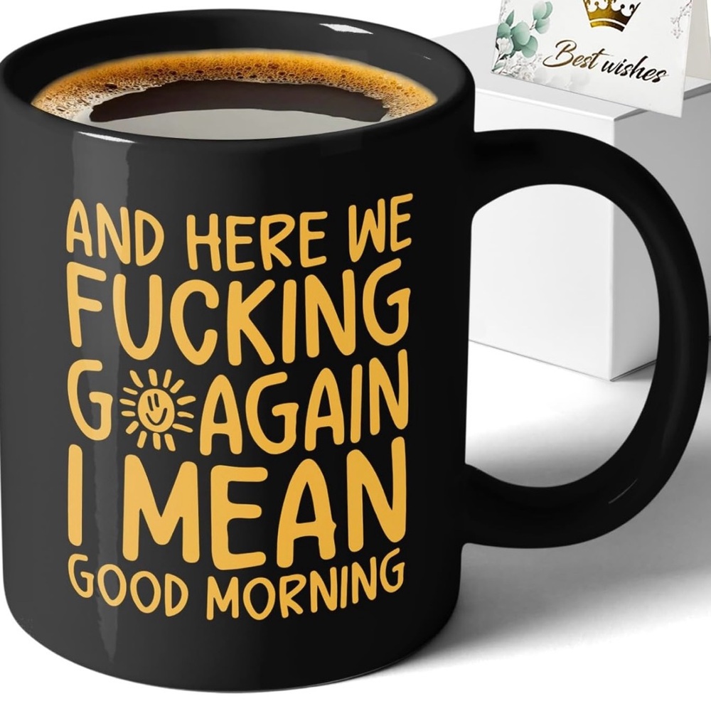 Black Novelty Morning Coffee Mug with Yellow Typography